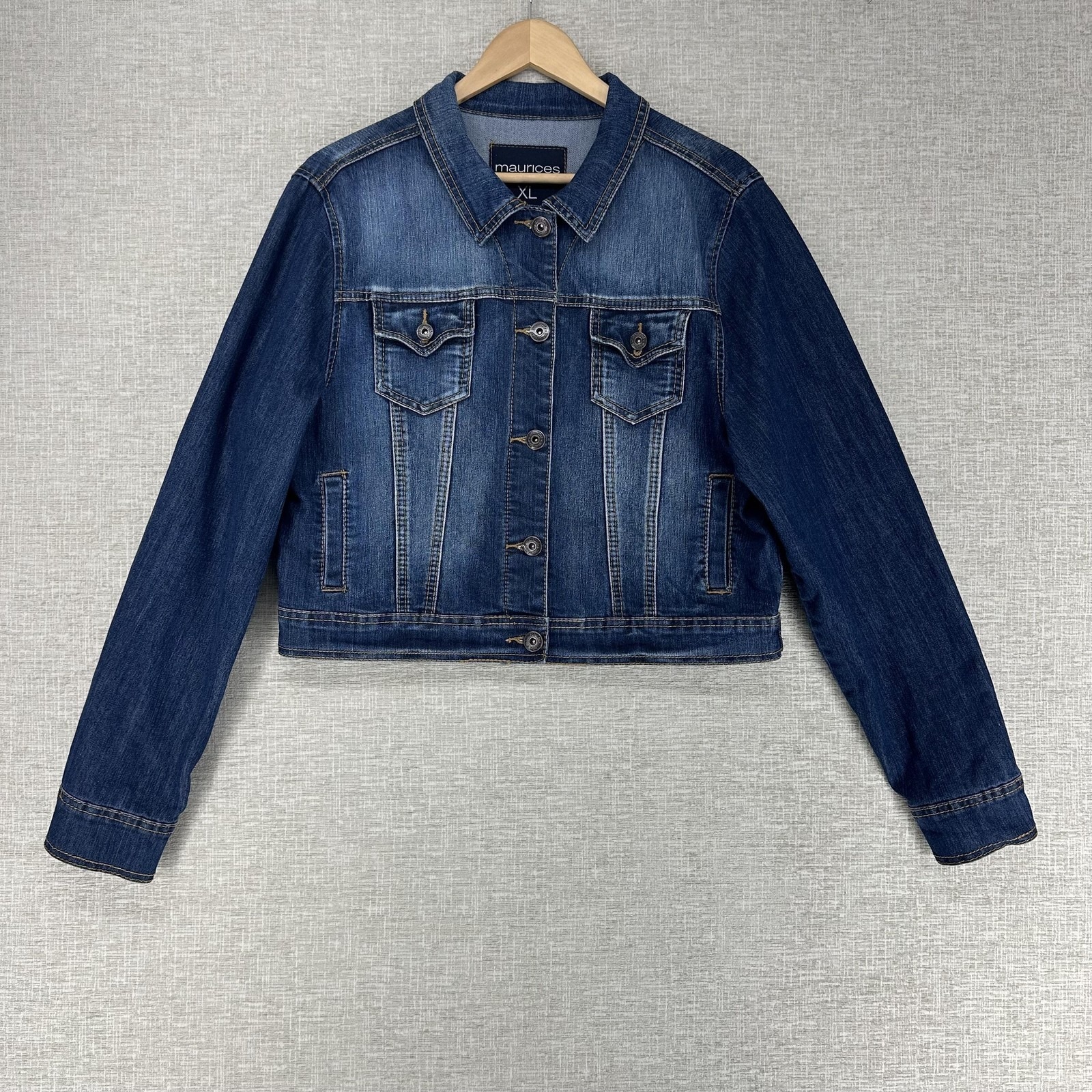 Maurices Jacket Womens Xl Blue Denim Jean Button Front Pockets Cropped Stretch